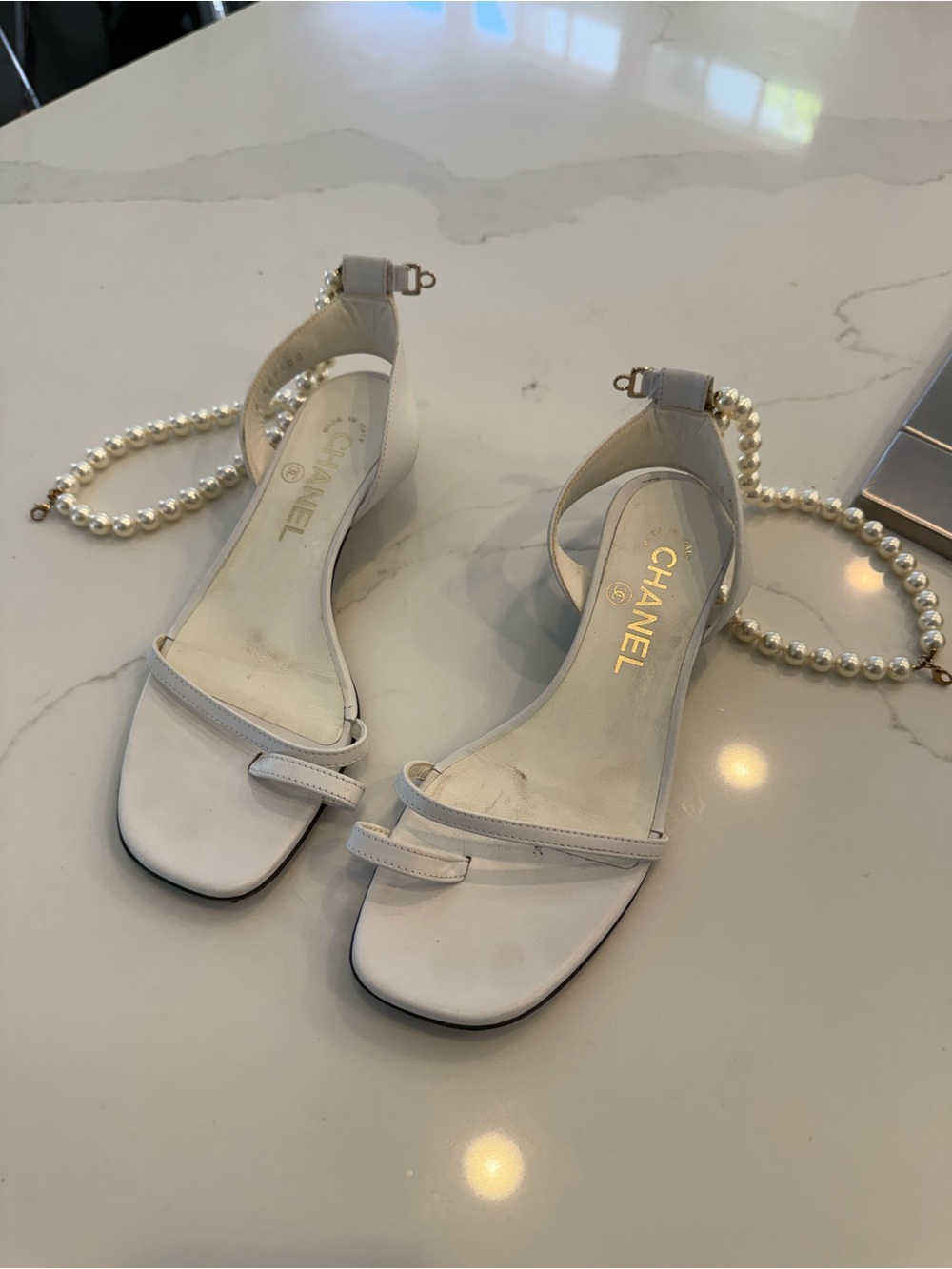 CHANEL White Leather Double-Strap Ankle Sandals with Pearl Chain